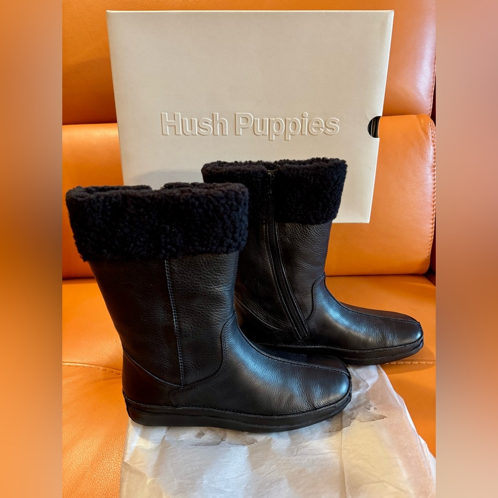 Hush Puppies Excursion Women Winter Boots Black Leather Warm Sherpa Lined 8M New